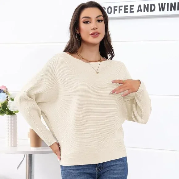 Women's Knit Pullover Sweater Long Sleeve Batwing Casual Soft Jumper Top - Picture 3 of 6
